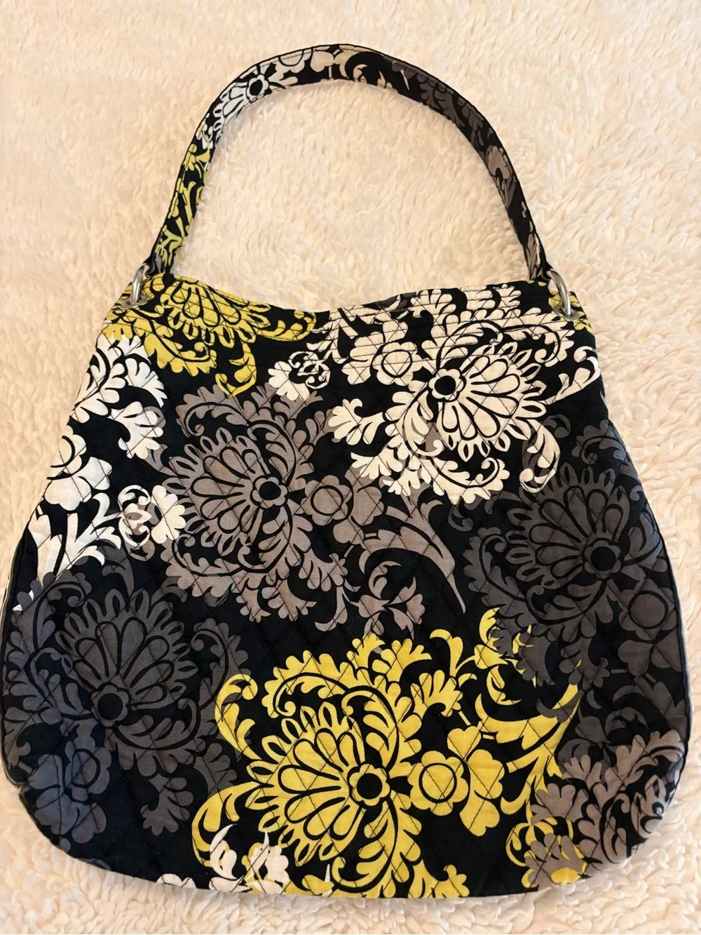 Vera Bradley Baroque Retired Print Quilted Shoulder Bag Black Gray Yellow Floral